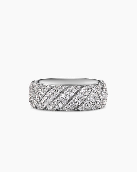 Sculpted Cable Pavé Band Ring in 18K White Gold with Diamonds, 8.5mm