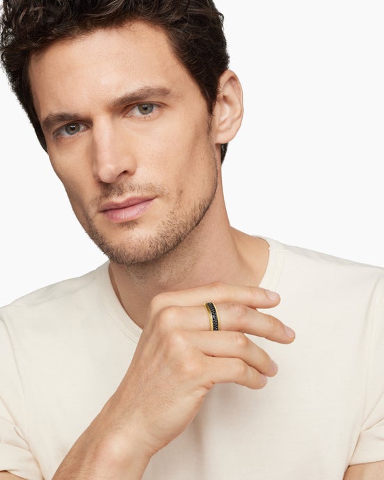 Beveled Two Row Band Ring in 18K Yellow Gold with Black Diamonds, 8mm