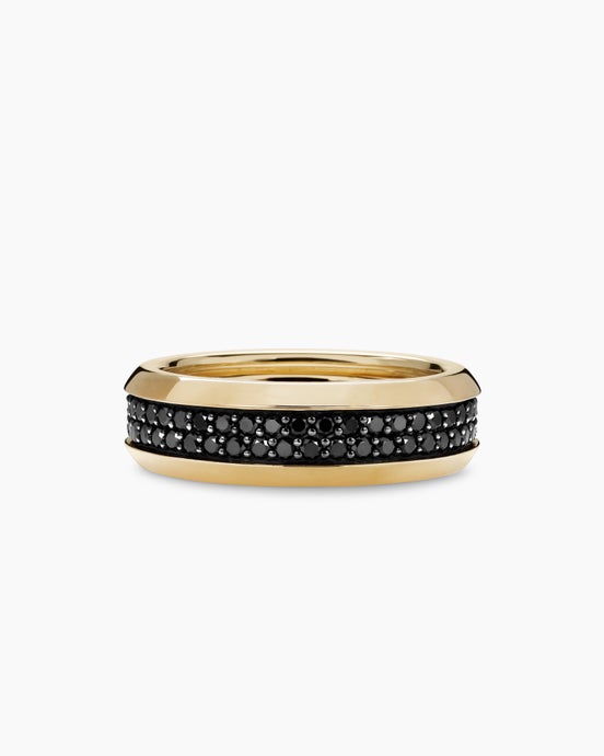 Beveled Two Row Band Ring in 18K Yellow Gold with Black Diamonds, 8mm