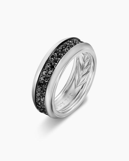 Mens Beveled Two Row Band Ring in 18K White Gold with Black Diamonds, 8mm