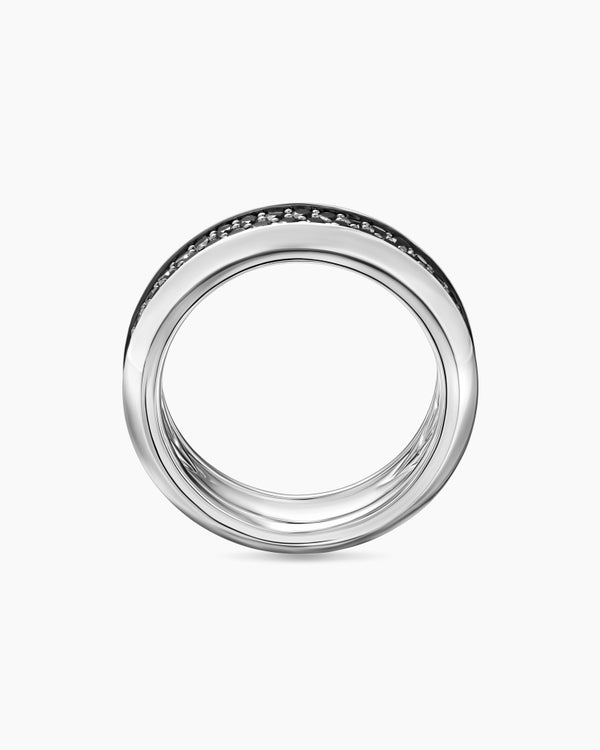 Beveled Two Row Band Ring in 18K White Gold with Black Diamonds, 8mm