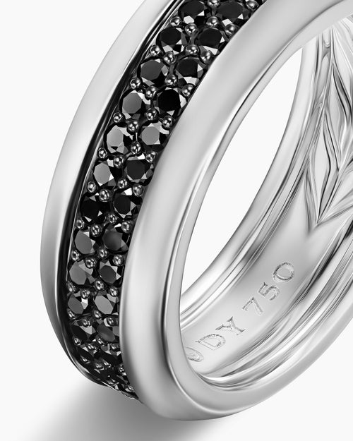Mens Beveled Two Row Band Ring in 18K White Gold with Black Diamonds, 8mm