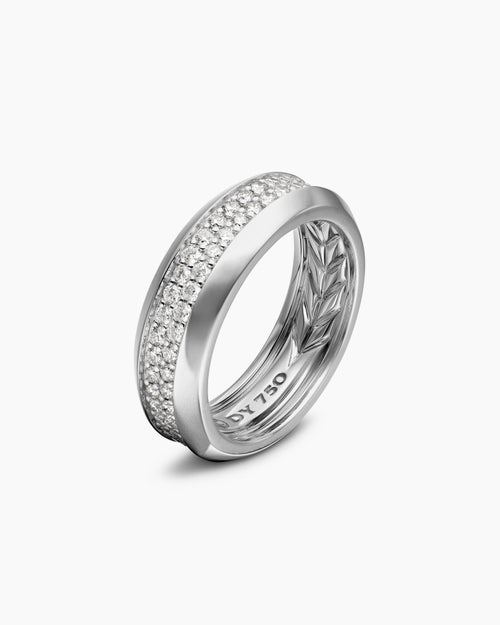 Mens Beveled Two Row Band Ring in 18K White Gold with Diamonds, 8mm