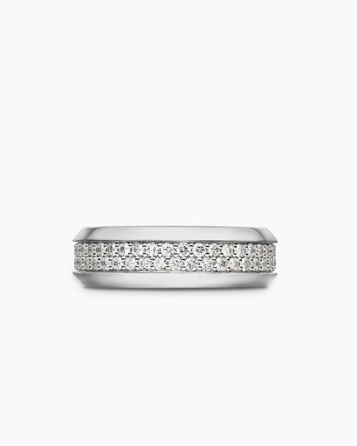 Mens Beveled Two Row Band Ring in 18K White Gold with Diamonds, 8mm
