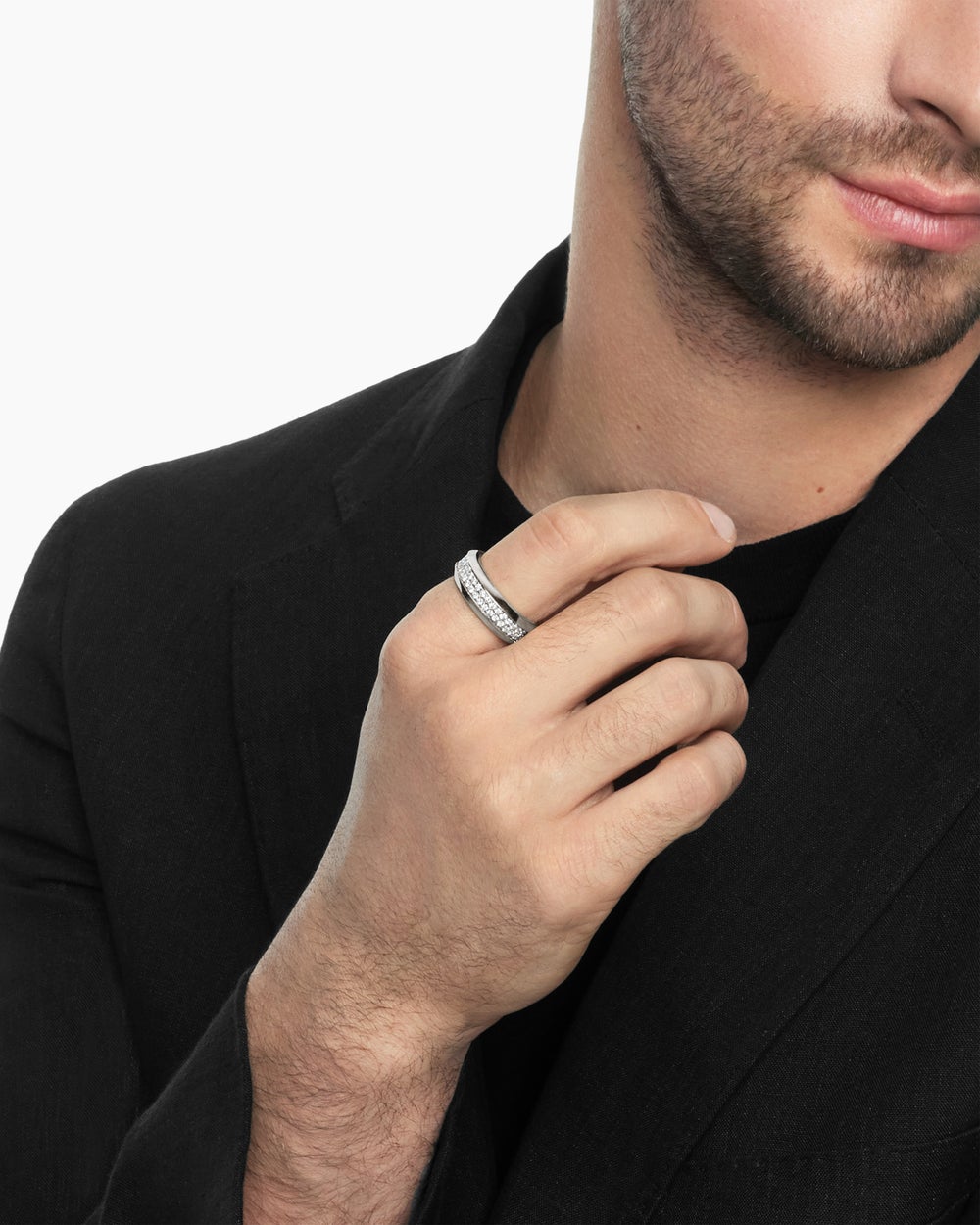 Anneau à deux rangs Beveled en or blanc 18 carats avec diamants, 8 mm hommes