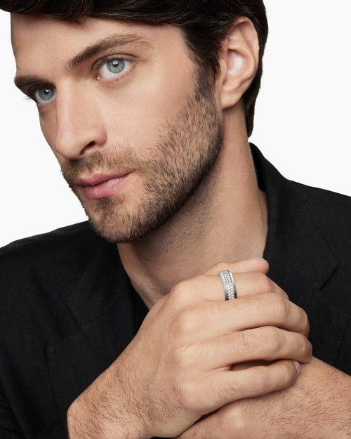 Mens Beveled Two Row Band Ring in 18K White Gold with Diamonds, 8mm