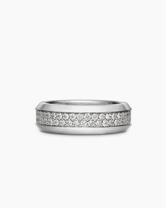 Bevelled Two Row Band Ring in 18K White Gold with Diamonds, 8mm