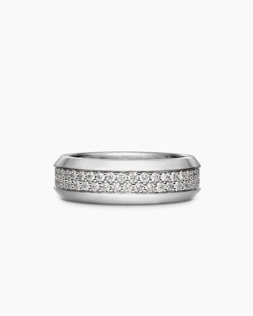 Mens Beveled Two Row Band Ring in 18K White Gold with Diamonds, 8mm