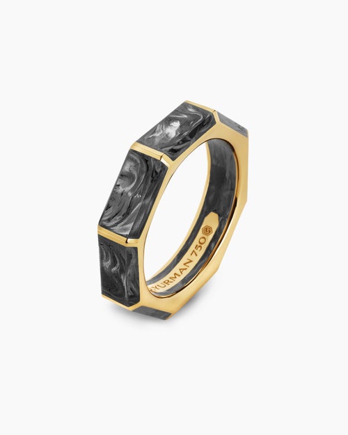 Mens Forged Carbon Faceted Band Ring in 18K Yellow Gold, 6mm