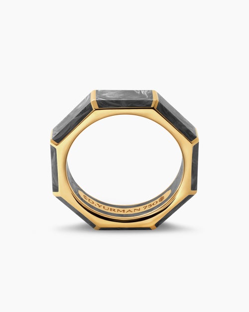 Mens Forged Carbon Faceted Band Ring in 18K Yellow Gold, 6mm