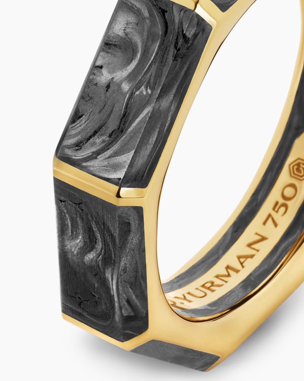 Forged Carbon Faceted Band Ring in 18K Yellow Gold, 6mm