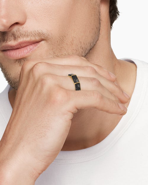 Mens Forged Carbon Faceted Band Ring in 18K Yellow Gold, 6mm