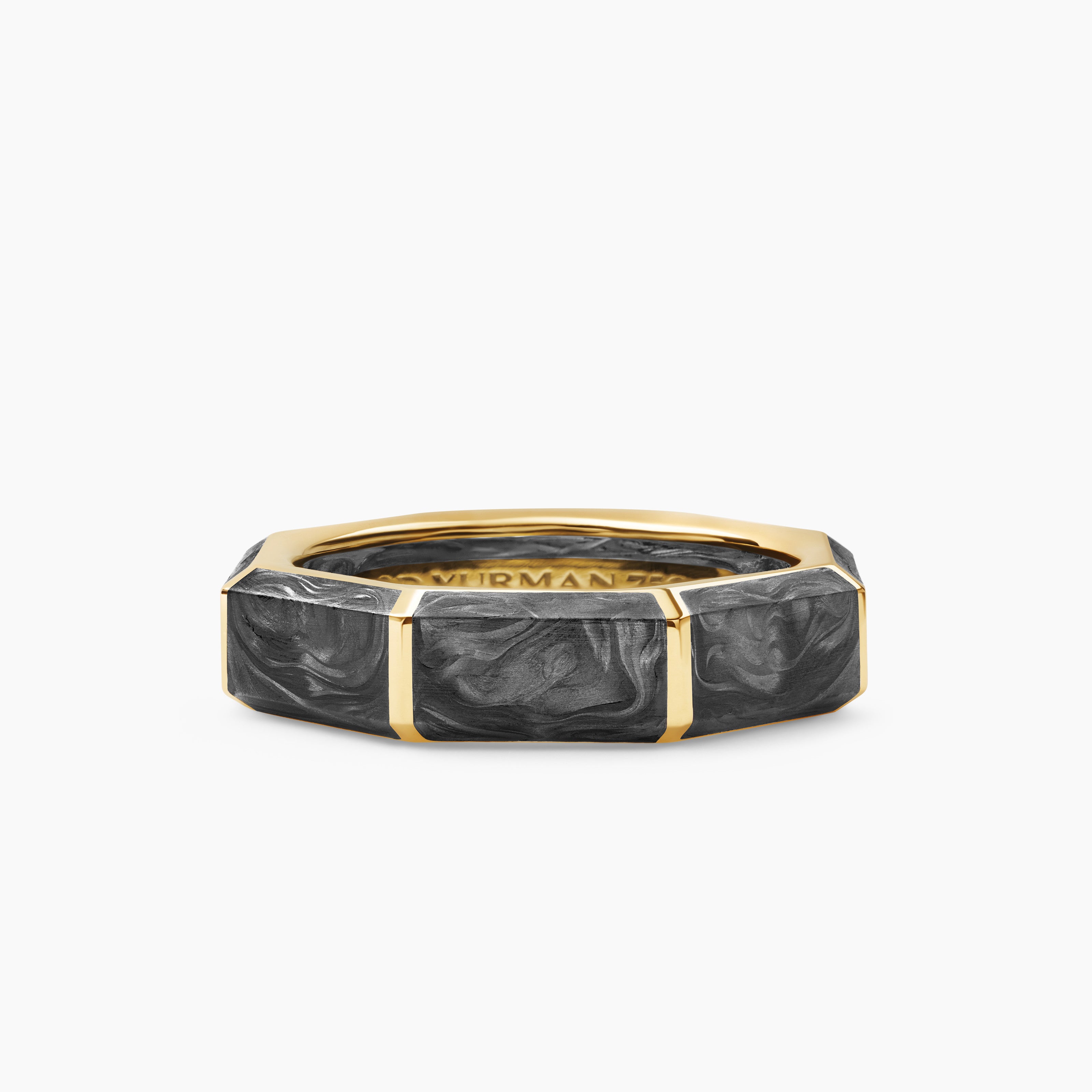 Mens Forged Carbon Faceted Band Ring in 18K Yellow Gold, 6mm