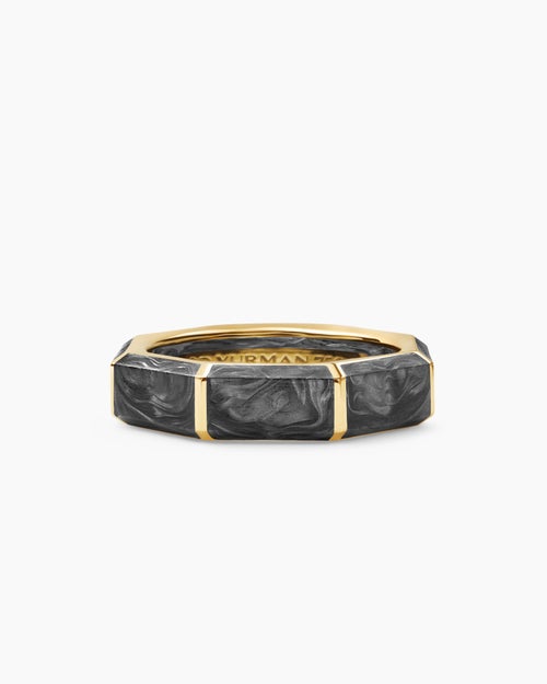 Mens Forged Carbon Faceted Band Ring in 18K Yellow Gold, 6mm