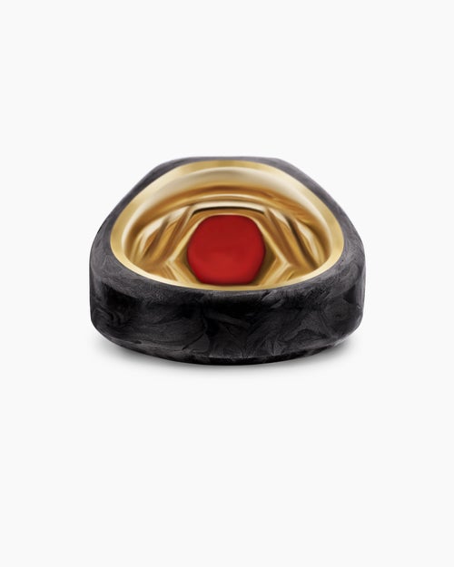 Mens Hexagonal Signet Ring in 18K Yellow Gold with Forged Carbon and Garnet, 17.7mm
