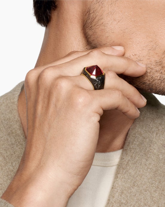 Hexagonal Signet Ring in 18K Yellow Gold with Forged Carbon and Garnet, 17.7mm