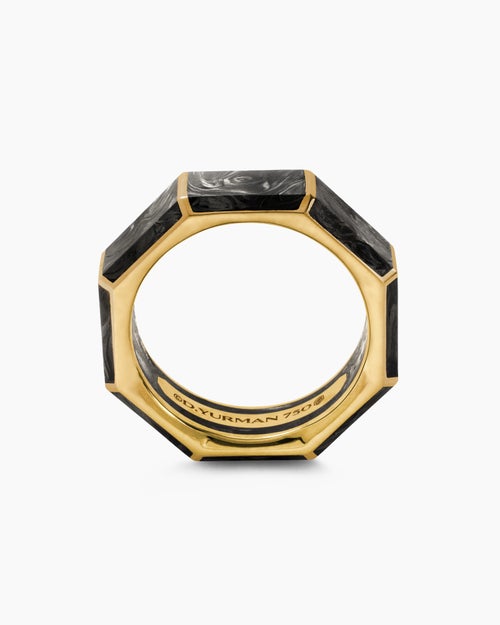 Mens Forged Carbon Faceted Band Ring with 18K Yellow Gold, 8mm