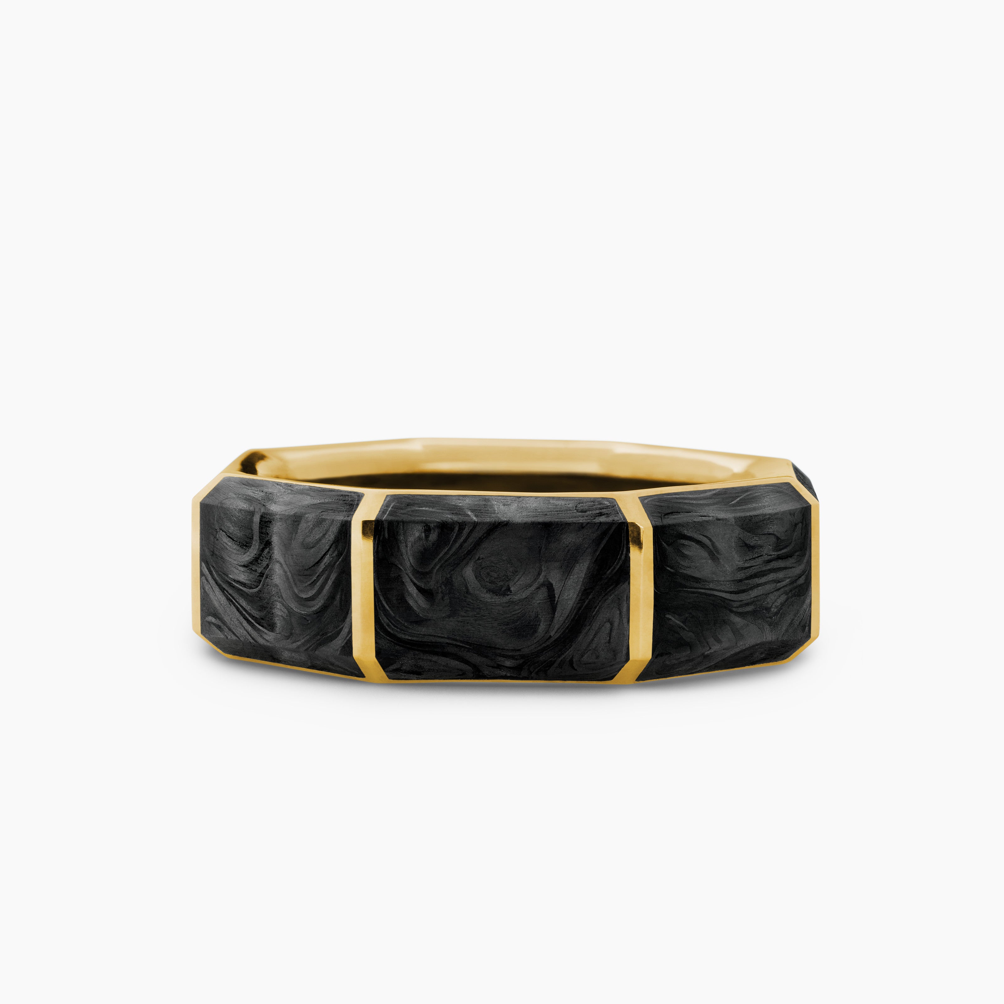 Mens Forged Carbon Faceted Band Ring with 18K Yellow Gold, 8mm