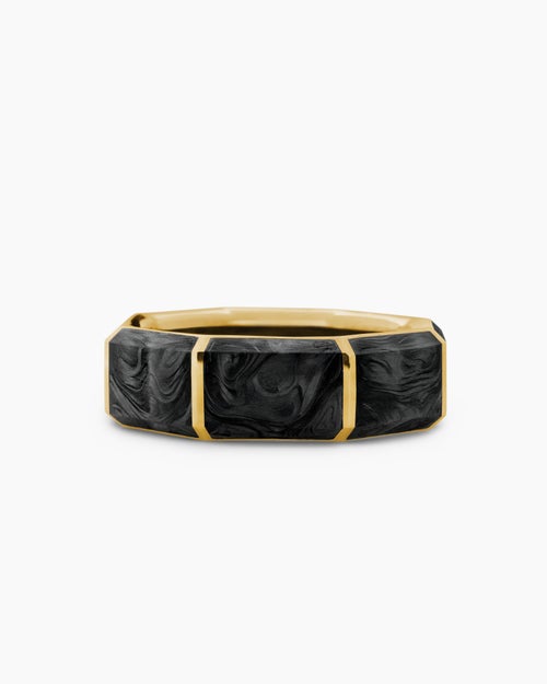 Mens Forged Carbon Faceted Band Ring with 18K Yellow Gold, 8mm