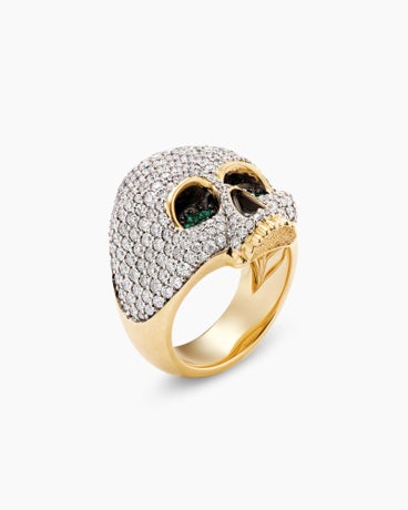 Memento Mori Skull Ring in 18K Yellow Gold with Diamonds and Emeralds, 26mm