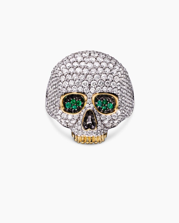 Bague crâne Memento Mori en or jaune 18 carats avec diamants et émeraudes, 26 mm
