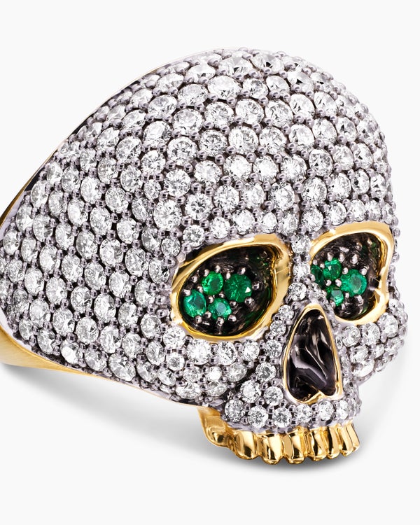 Bague crâne Memento Mori en or jaune 18 carats avec diamants et émeraudes, 26 mm