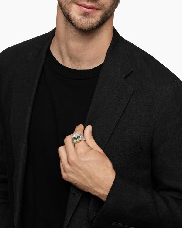 Memento Mori Skull Ring in 18K Yellow Gold with Diamonds and Emeralds, 26mm