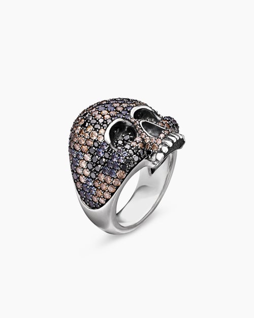 Mens Memento Mori Skull Ring in Sterling Silver with Black Diamonds and Cognac Diamonds, 26mm