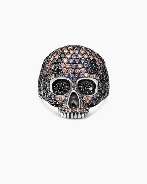 Mens Memento Mori Skull Ring in Sterling Silver with Black Diamonds and Cognac Diamonds, 26mm