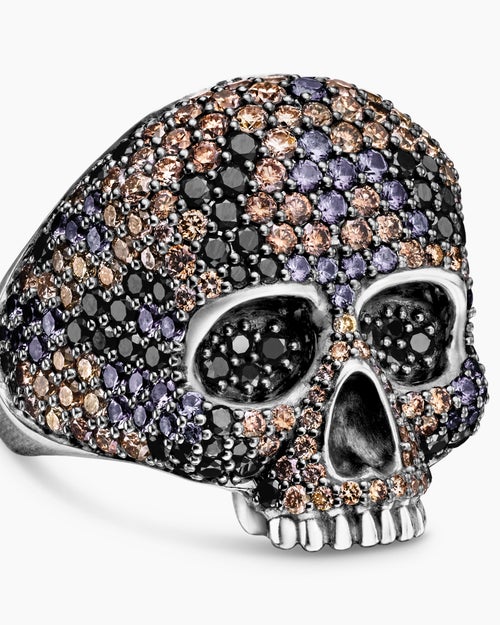 Mens Memento Mori Skull Ring in Sterling Silver with Black Diamonds and Cognac Diamonds, 26mm