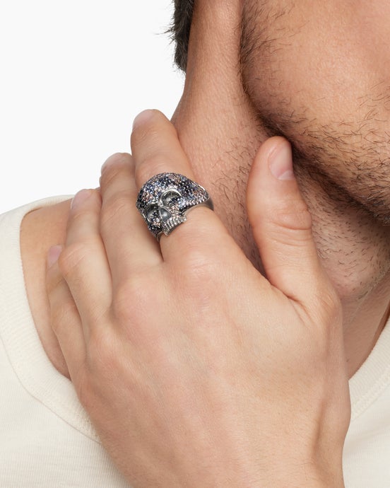 Memento Mori Skull Ring in Sterling Silver with Black Diamonds and Cognac Diamonds, 26mm