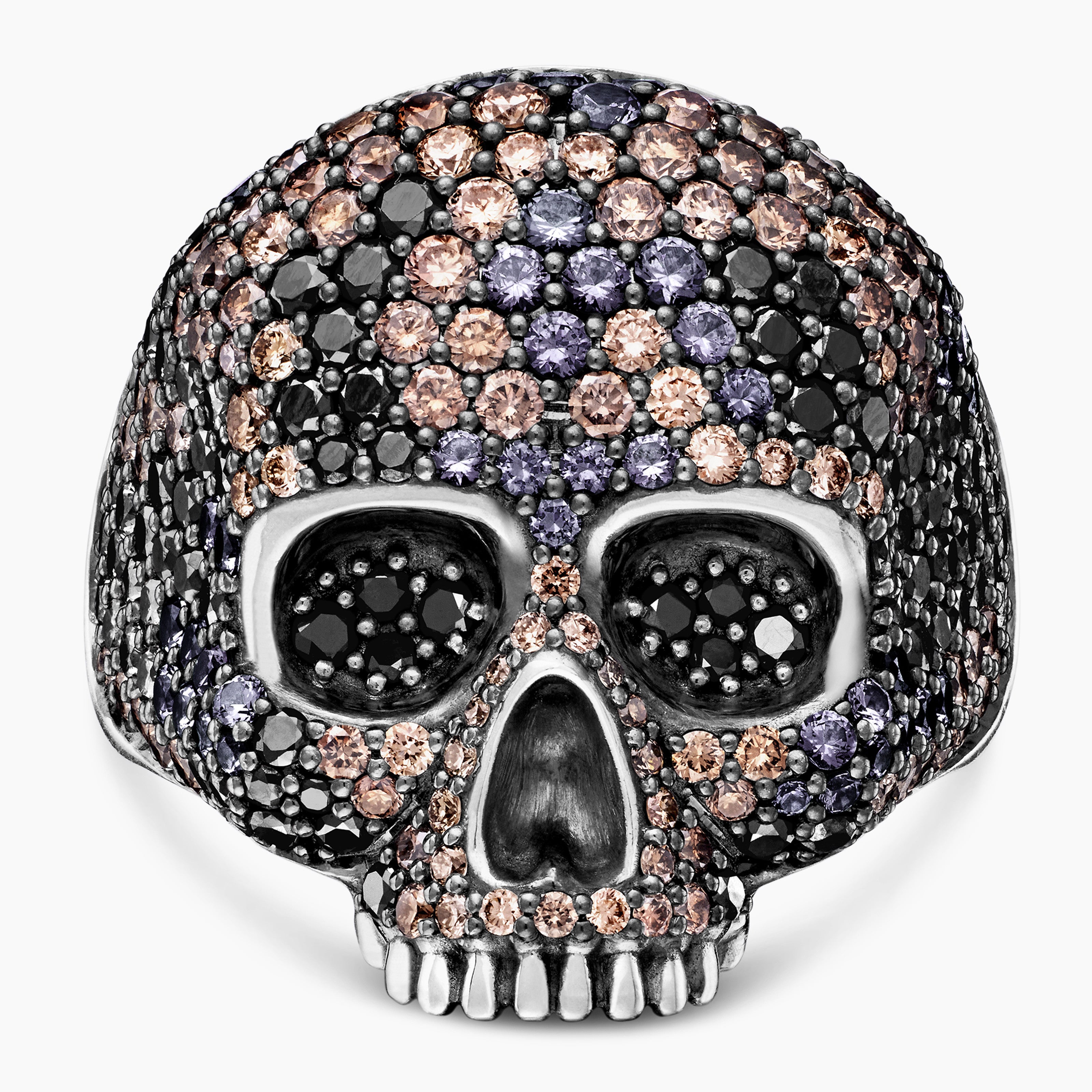 Memento Mori Skull Ring in Sterling Silver with Black Diamonds and Cognac  Diamonds, 26mm