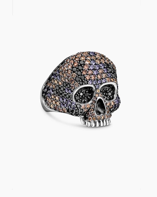 Memento Mori Skull Ring in Sterling Silver with Black Diamonds and Cognac Diamonds, 26mm