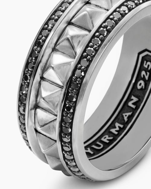 Mens Pyramid Band Ring in Sterling Silver with Black Diamonds, 8mm