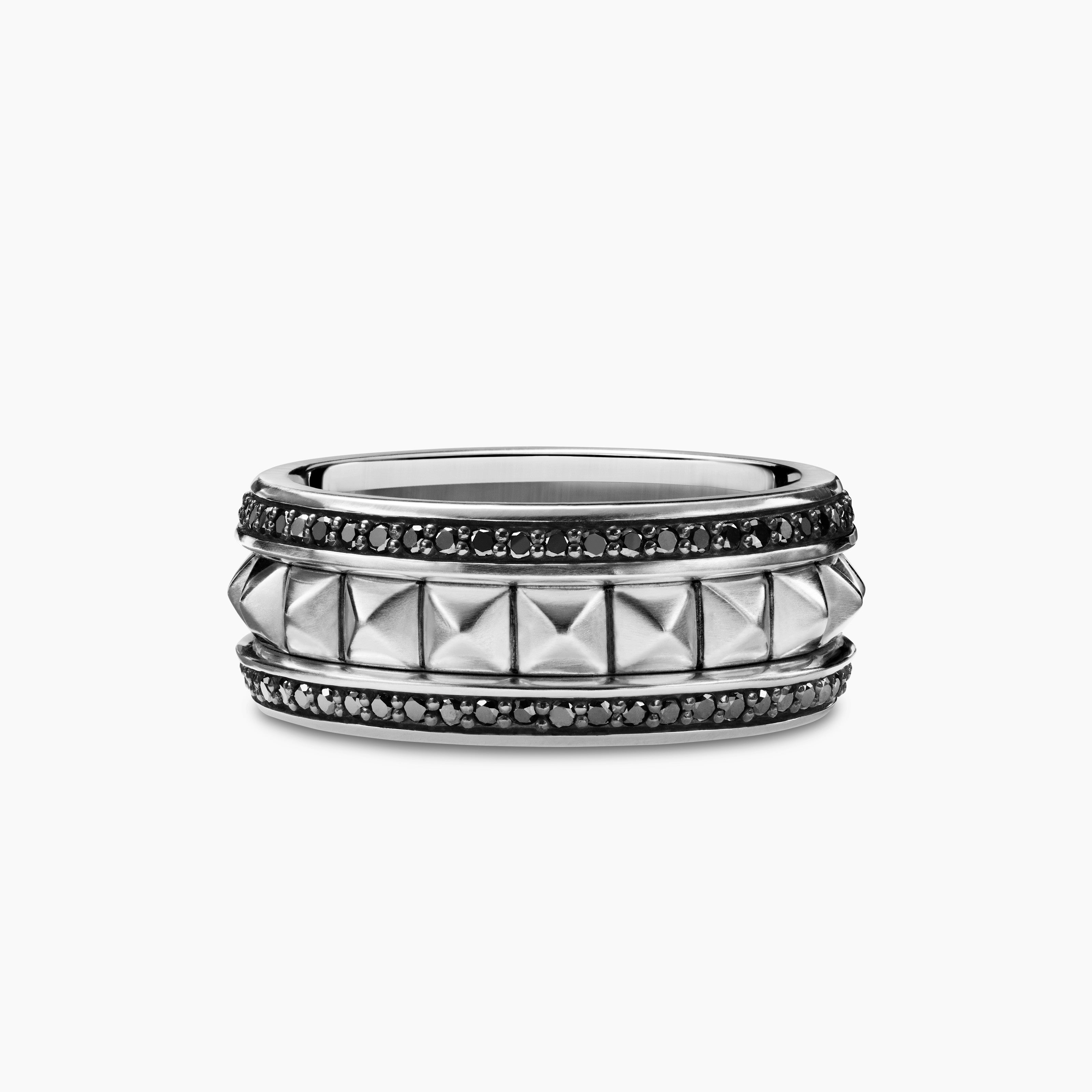 Mens Pyramid Band Ring in Sterling Silver with Black Diamonds, 8mm