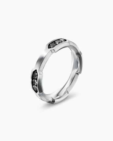 Hex Station Band Ring in Sterling Silver with Black Diamonds, 6mm