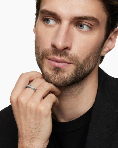 Mens Faceted Station Band Ring in Sterling Silver with Diamonds, 6mm