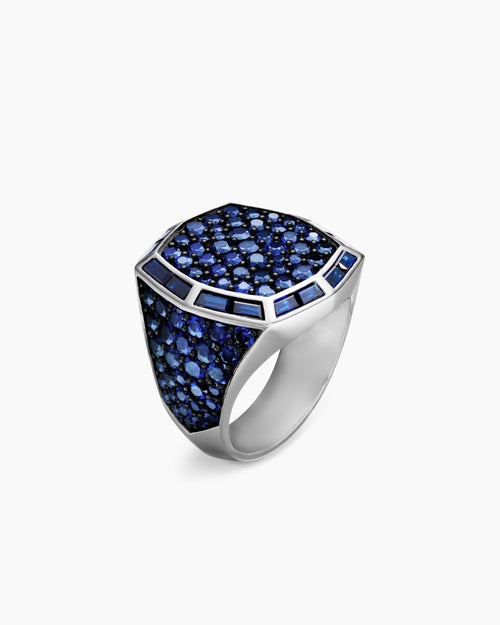 Mens Streamline® Signet Ring in 18K White Gold with Blue Sapphires, 23mm