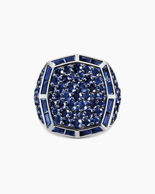 Mens Streamline® Signet Ring in 18K White Gold with Blue Sapphires, 23mm