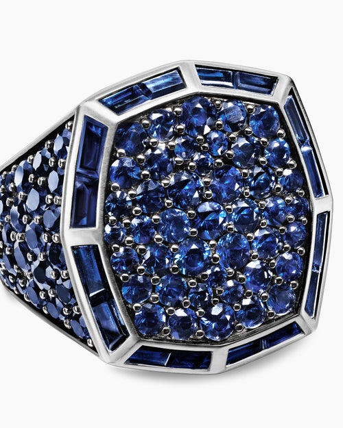 Mens Streamline® Signet Ring in 18K White Gold with Blue Sapphires, 23mm
