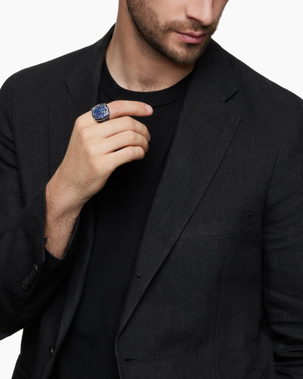 Mens Streamline® Signet Ring in 18K White Gold with Blue Sapphires, 23mm
