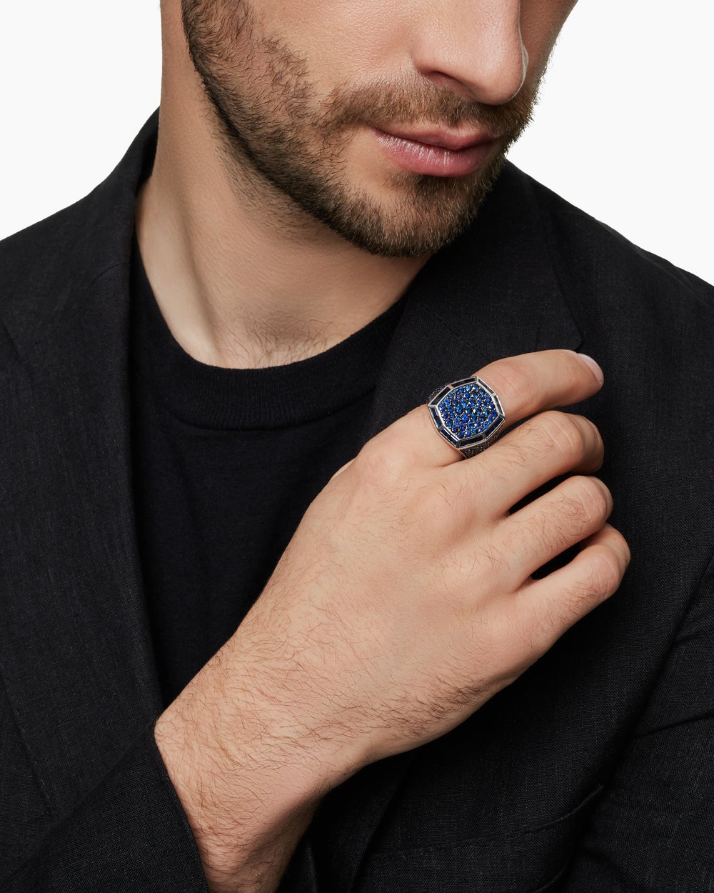 Mens Streamline® Signet Ring in 18K White Gold with Blue Sapphires, 23mm