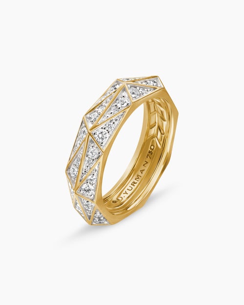 Mens Faceted Band Ring in 18K Yellow Gold with Diamonds, 6.2mm