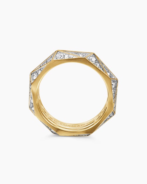 Mens Faceted Band Ring in 18K Yellow Gold with Diamonds, 6.2mm