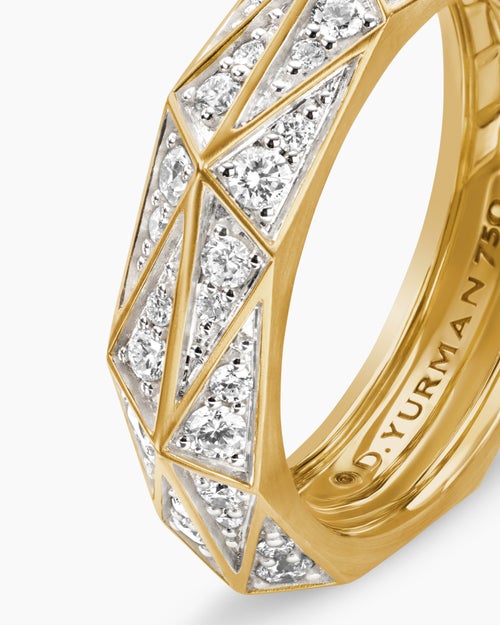 Mens Faceted Band Ring in 18K Yellow Gold with Diamonds, 6.2mm