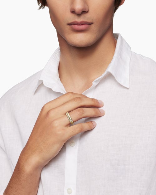 Mens Faceted Band Ring in 18K Yellow Gold with Diamonds, 6.2mm