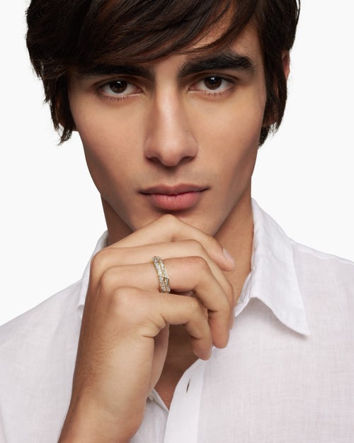 Mens Faceted Band Ring in 18K Yellow Gold with Diamonds, 6.2mm