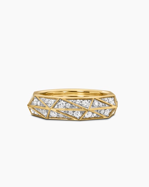 Mens Faceted Band Ring in 18K Yellow Gold with Diamonds, 6.2mm