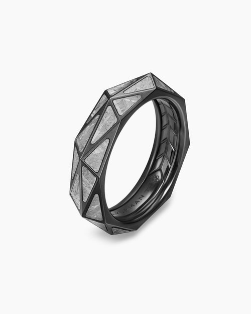 Mens Faceted Band Ring in Black Titanium with Meteorite, 6.2mm