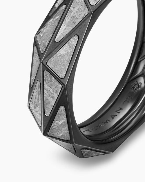Mens Faceted Band Ring in Black Titanium with Meteorite, 6.2mm
